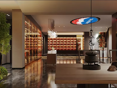 Elegant Tobacco and Liquor Store Interior With Wooden Wine Racks Display Shelves and Pendant Lights 3d model