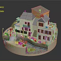 Scenic Miniature Village Model Featuring Yellow Roof House White Buildings River Boats Greenery Street Lamps