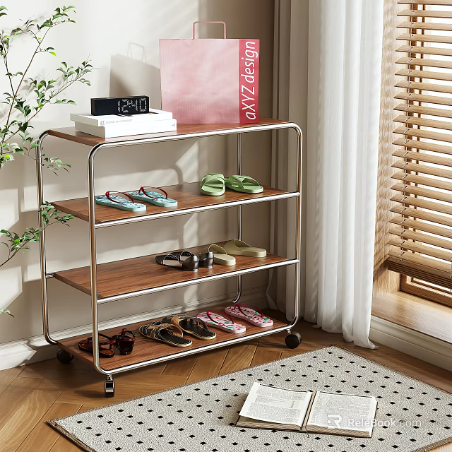 Multi Tier Shoe Rack With Wheels Wooden Shelves And Metal Frame In Living Room 3d model 