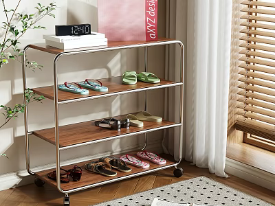 Multi Tier Shoe Rack With Wheels Wooden Shelves And Metal Frame In Living Room 3d model