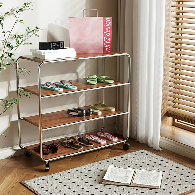 Multi Tier Shoe Rack With Wheels Wooden Shelves And Metal Frame In Living Room 3d model