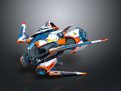 Futuristic Spacecraft With White Blue Orange Sleek Aerodynamic Wings And Thrusters 3d model