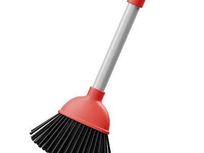 Red Broom With Black Bristles And Silver Handle For Household Cleaning 3d model