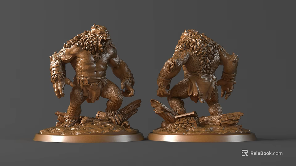 Detailed Mythical Beast Sculpture With Muscular Body Hairy Texture Wooden Base And Two Angle Views 3d model 