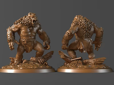 Detailed Mythical Beast Sculpture With Muscular Body Hairy Texture Wooden Base And Two Angle Views 3d model