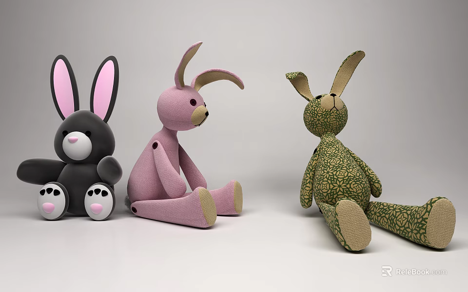 Gray Pink and Green Rabbit Stuffed Toys with Different Ear Designs Sitting on White Background 3d model 
