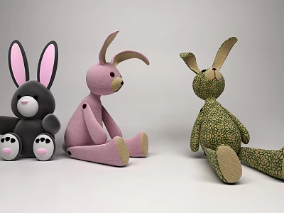 Gray Pink and Green Rabbit Stuffed Toys with Different Ear Designs Sitting on White Background 3d model