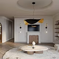 Modern Circular Living Dining Room With White Sofa Round Coffee Table Brown Chair And Chandelier