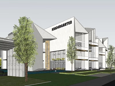 Modern Sales Office Building With White Walls Large Glass Windows And Trees Around 3d model
