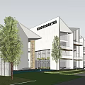Modern Sales Office Building With White Walls Large Glass Windows And Trees Around