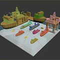 Detailed Golden Ship And Offshore Platform Models On Blue Display Base