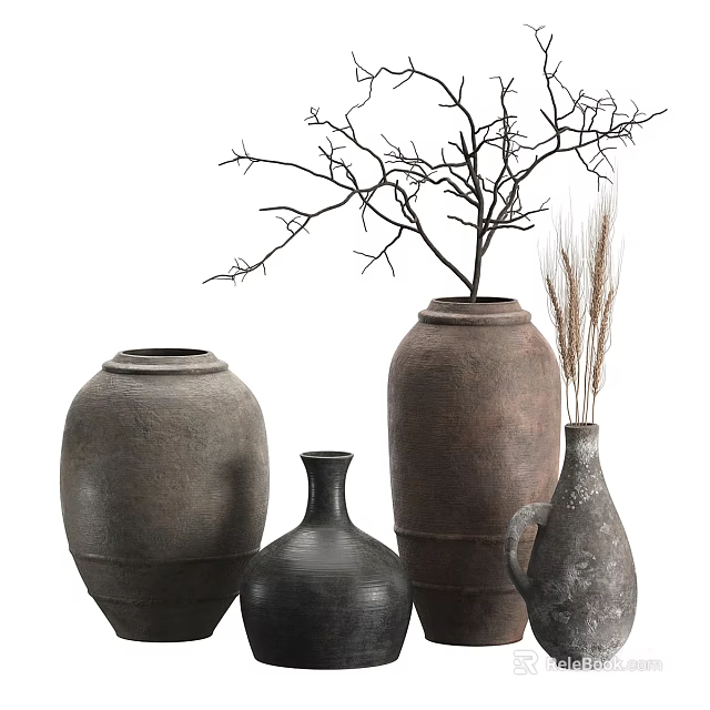 Decorative Rustic Clay Vases with Dried Branches and Grass in Various Sizes 3d model 