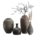 Decorative Rustic Clay Vases with Dried Branches and Grass in Various Sizes