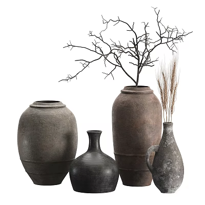 Decorative Rustic Clay Vases with Dried Branches and Grass in Various Sizes 3d model