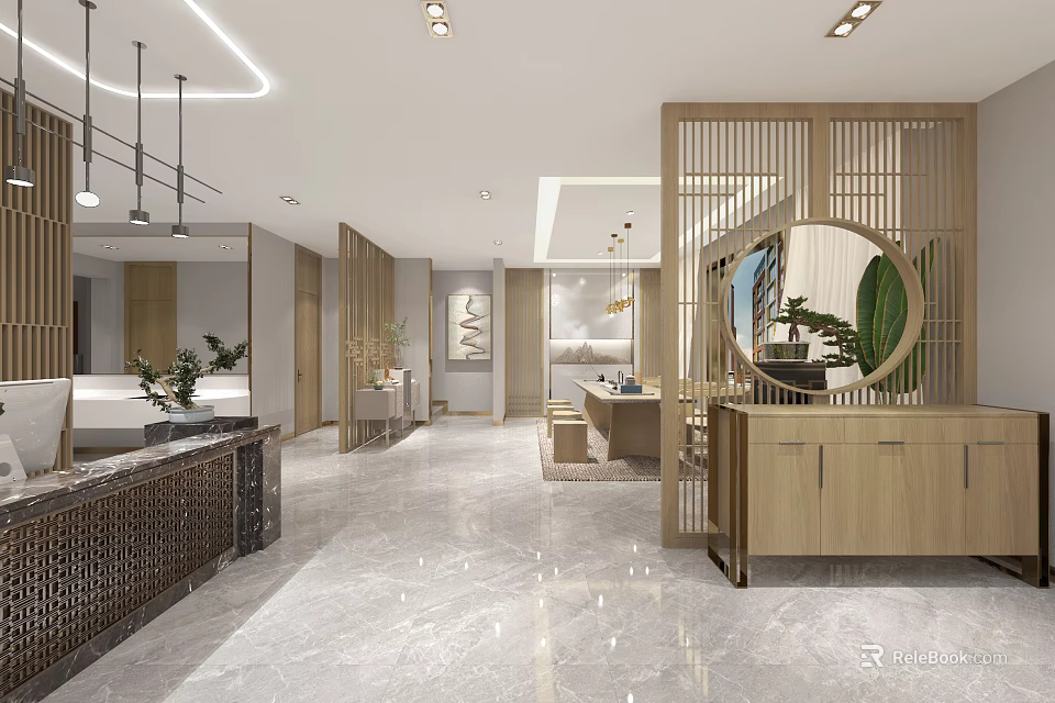 Modern Beauty Salon Interior With Marble Flooring Wooden Partitions And Round Mirrors 3d model 