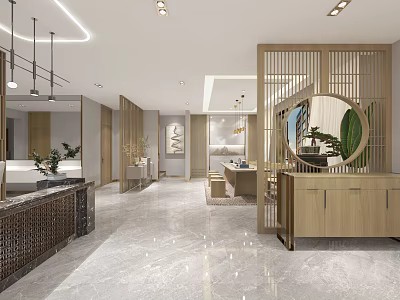 Modern Beauty Salon Interior With Marble Flooring Wooden Partitions And Round Mirrors 3d model
