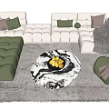 Modern Beige L-shaped Sofa with Green Ottoman and Round Marble Coffee Table on Grey Rug