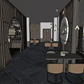 Modern Interior Space With Black Metal Screens Gold Pendant Lights And Wooden Steps