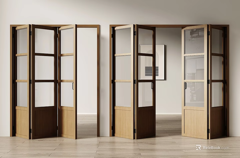 Modern Folding Doors With Wooden Frames And Glass Panels For Indoor Partition Design 3d model 
