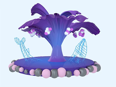 Artistic Purple Tree Sculpture With Pink Gray Spheres And Blue Mesh Base 3d model