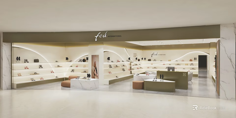 Fed International Mall Shoe Store Modern Interior With Curved Shelves Display Counters And Brown Ottomans 3d model 