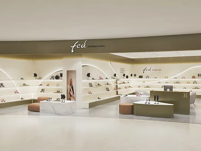 Fed International Mall Shoe Store Modern Interior With Curved Shelves Display Counters And Brown Ottomans 3d model
