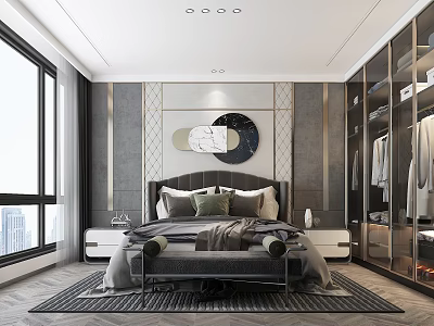 Modern style bedroom double bedside background glass door wardrobe 3d model