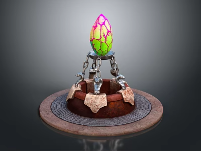 Colorful Cracked Egg On Ornate Metallic Stand With Circular Base 3d model