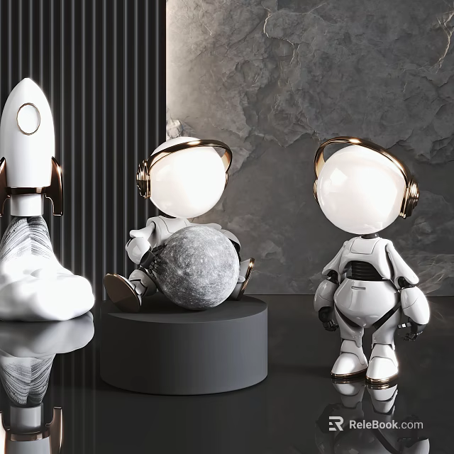 Modern Decorative Sculptures With Astronaut Figurines Rocket Model And Moon Ornament 3d model 