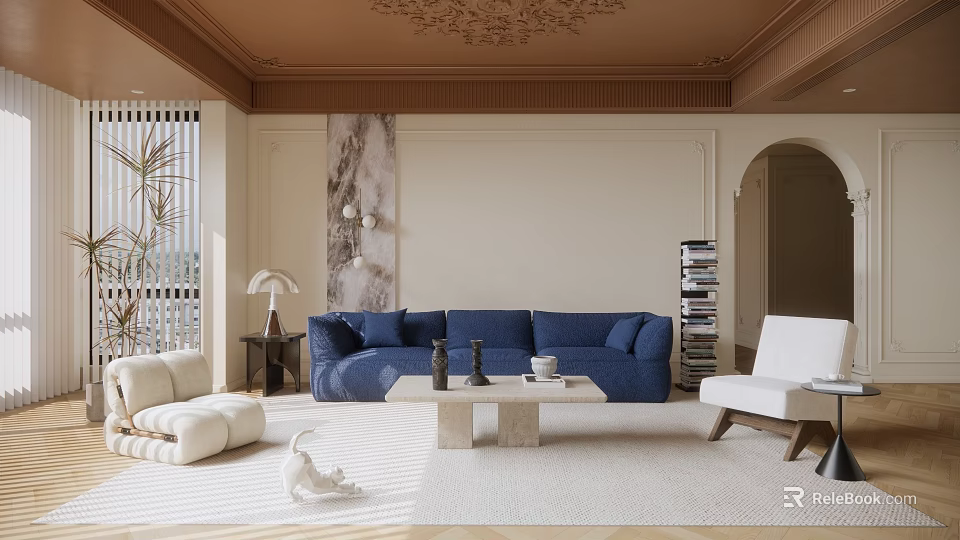 Stylish Living Room Interior with Blue Sofa Marble Coffee Table and Decorative Ceiling 3d model 