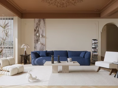 Stylish Living Room Interior with Blue Sofa Marble Coffee Table and Decorative Ceiling 3d model