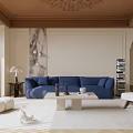 Stylish Living Room Interior with Blue Sofa Marble Coffee Table and Decorative Ceiling