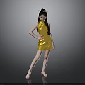 Woman In Yellow Silk Cheongsam With Bun Hairstyle Barefoot Against Gray Background