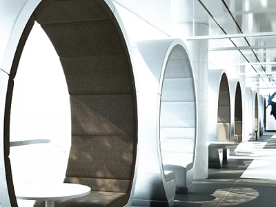 Modern Restaurant Seating Area With Arched Booths Metal Frames Brown Upholstery And Small Round Tables 3d model