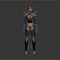 3D Fantasy Female Character With Horns And Decorative Blue And Red Outfit Design