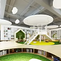 Spacious Kindergarten Interior With Bookshelves Slide Green Play Area And House Shaped Structures