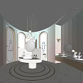 Modern Public Restroom Design Featuring Arched Doors Pink Blue Walls Marble Washbasin And Pendant Lights