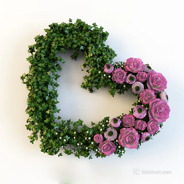 Heart Shaped Decorative Wreath With Green Vines And Pink Roses 3d model 