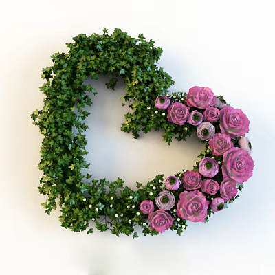 Heart Shaped Decorative Wreath With Green Vines And Pink Roses 3d model