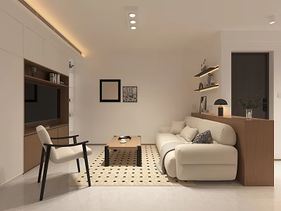 Modern Cozy Minimalist Living Room With Plush Cream Sofa Wooden Storage And Warm Ambient Lighting 3d model