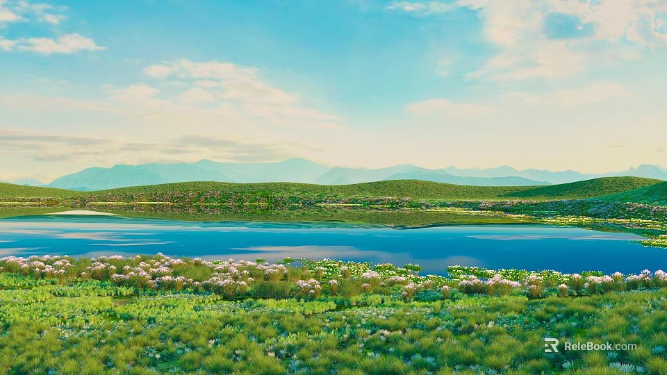 Lush Green Shrubs by the Lake in Grassland with Mountain and Blue Sky 3d model 