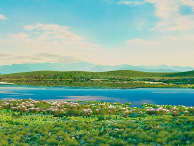 Lush Green Shrubs by the Lake in Grassland with Mountain and Blue Sky 3d model