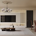 Elegant Modern Dining and Living Room Interior With Leather Sofa Chandelier Artwork and Rug