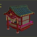 Traditional Japanese Shrine Structure With Teal Roof Red Pillars And Wooden Base