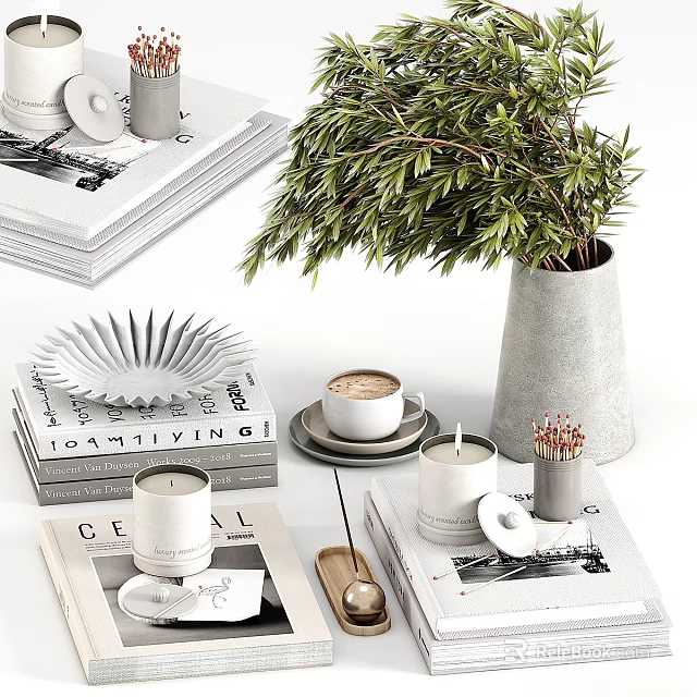 Decorative Ornament Set with Green Plant Books Candle Cup and Vase 3d model 