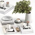 Decorative Ornament Set with Green Plant Books Candle Cup and Vase