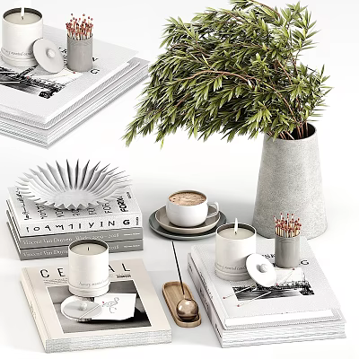 Decorative Ornament Set with Green Plant Books Candle Cup and Vase 3d model