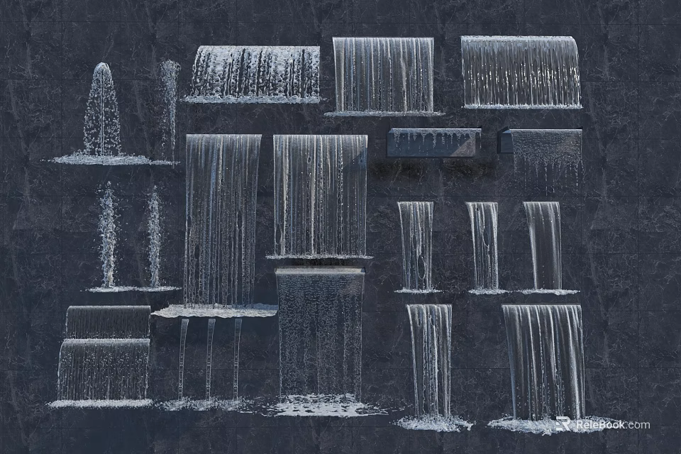 Various Decorative Water Fountain Features With Different Waterfall Structures And Flowing Designs 3d model