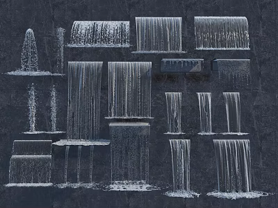 Various Decorative Water Fountain Features With Different Waterfall Structures And Flowing Designs 3d model