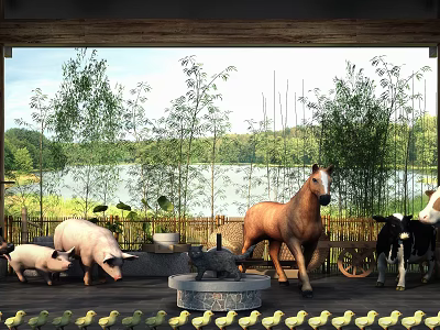 Chinese farmyard farm tools animals 3d model